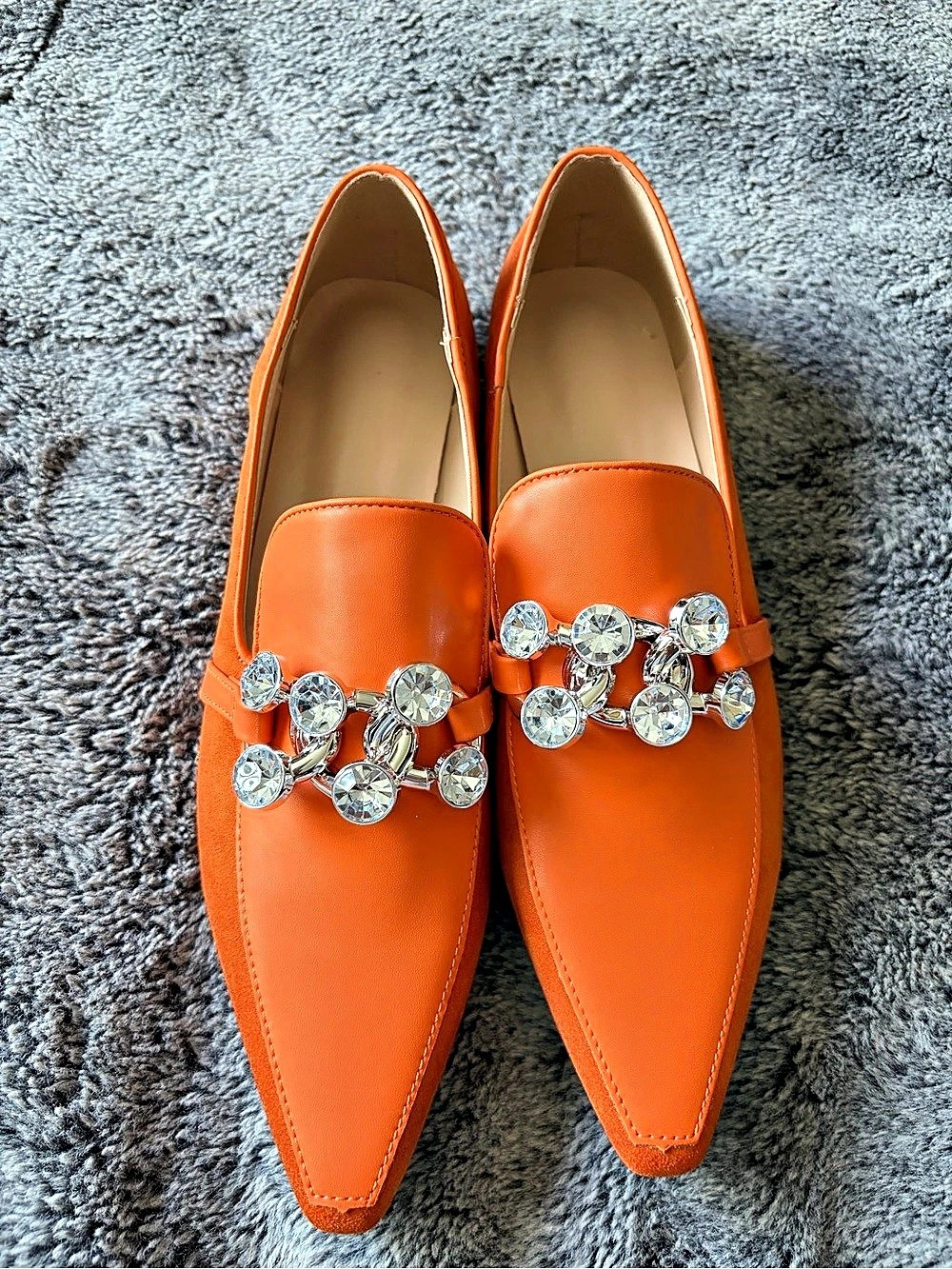 Orange Crystal Embellished Pointed-Toe Flats